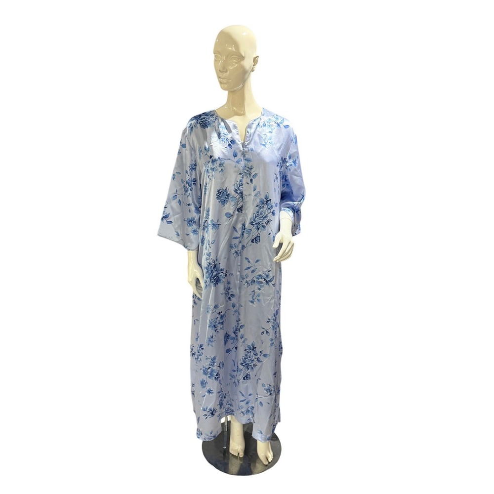 Oscar de la Renta Pink Label Blue Floral Satin Nightgown & Robe Set Large Y2K - Picture 4 of 16